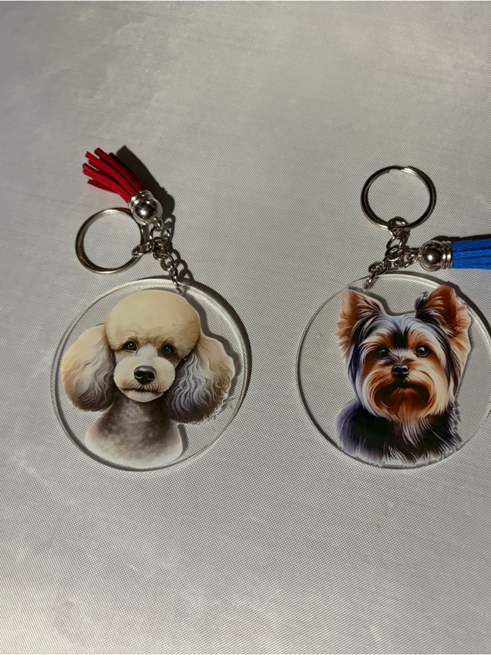 Cute Dog Face Acrylic Keychain Set with Tassels - Red & Blue